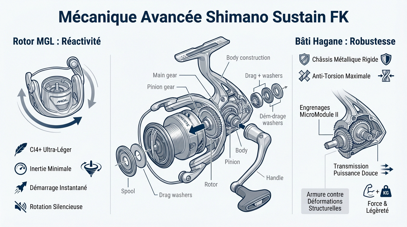 Mécanique interne et rotor MGL du Shimano Sustain FK