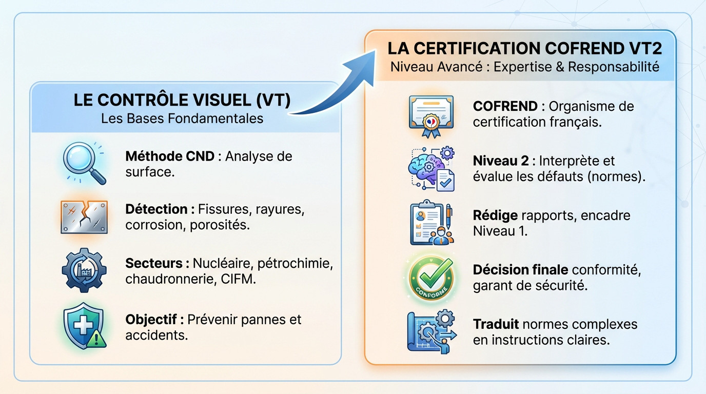 Technicien réalisant une inspection visuelle industrielle certifié COFREND VT2 sur une pièce métallique