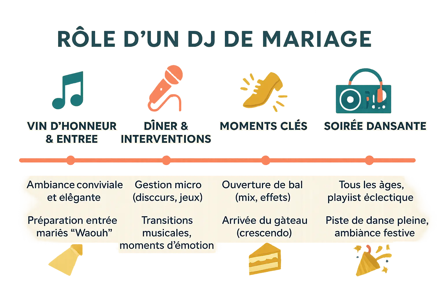 Timeline illustrée du rôle d'un DJ de mariage