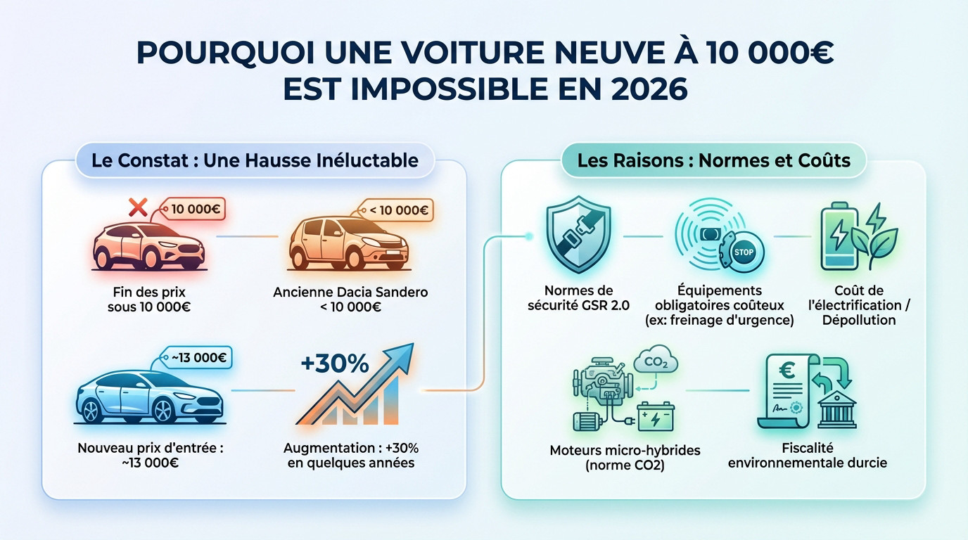 Illustration expliquant pourquoi trouver une voiture neuve à moins de 10 000 euros est impossible en 2026