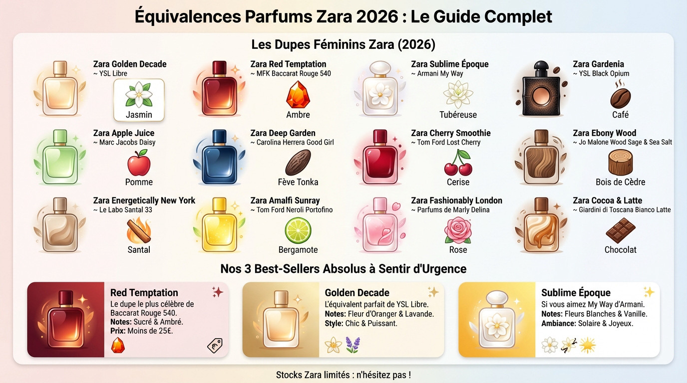 Collection de flacons de dupes parfum Zara alignés sur une étagère minimaliste