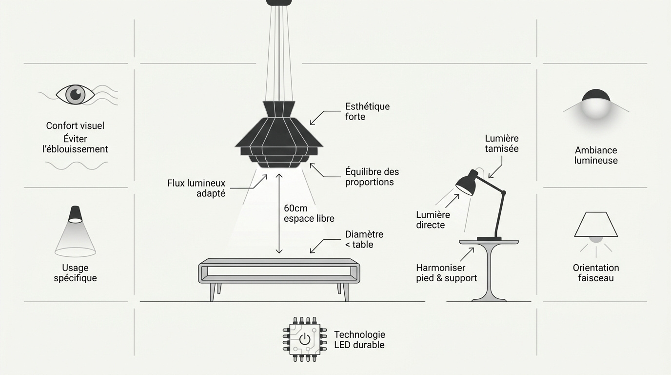 Infographie présentant les concepts d'éclairage design et les proportions pour un luminaire