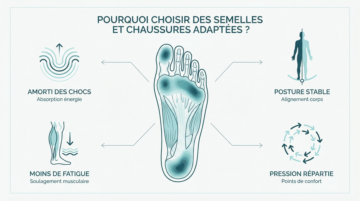 Semelles chaussures : comment bien choisir Bénéfices des semelles ergonomiques pour le confort plantaire et l'alignement postural