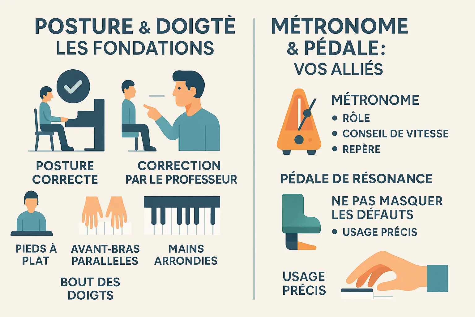 Illustration de la posture et du doigté au piano