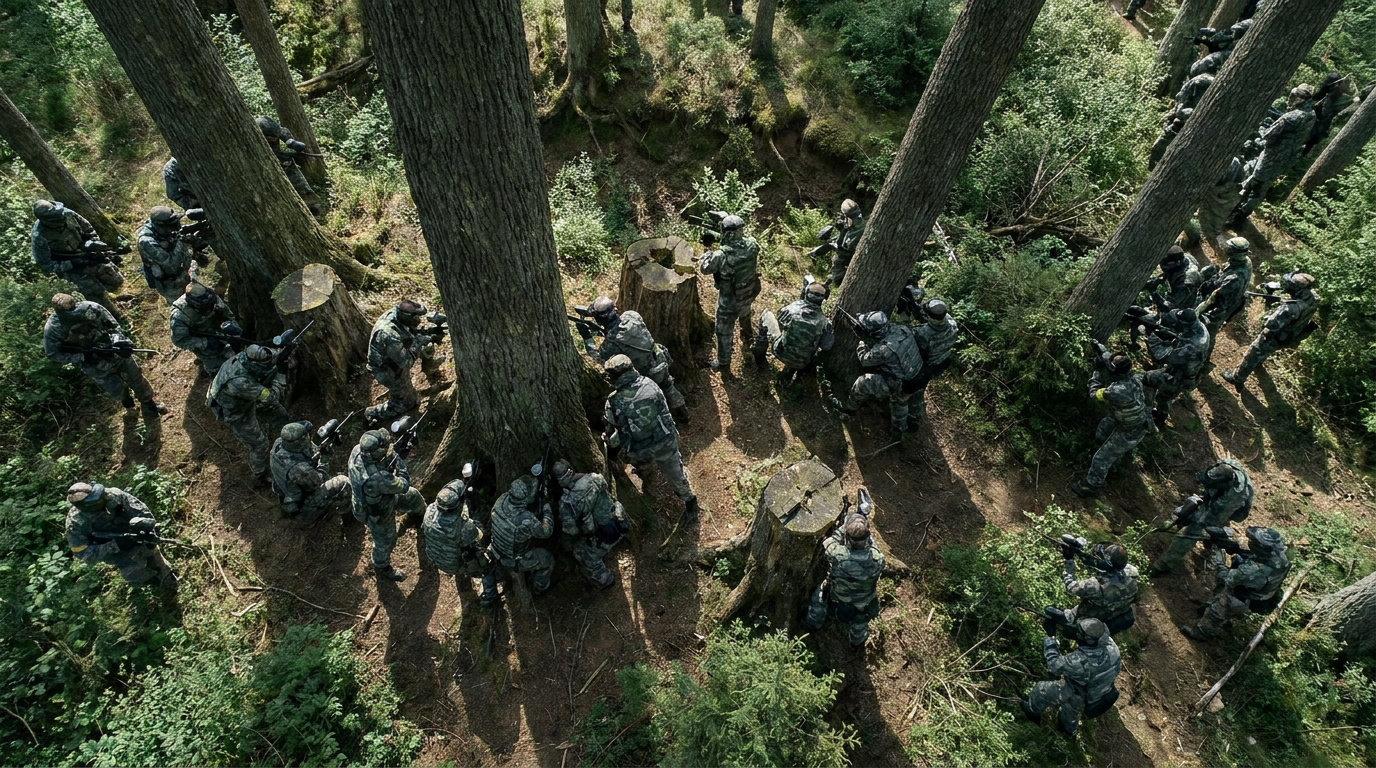 Joueurs de paintball en pleine action tactique dans une forêt dense