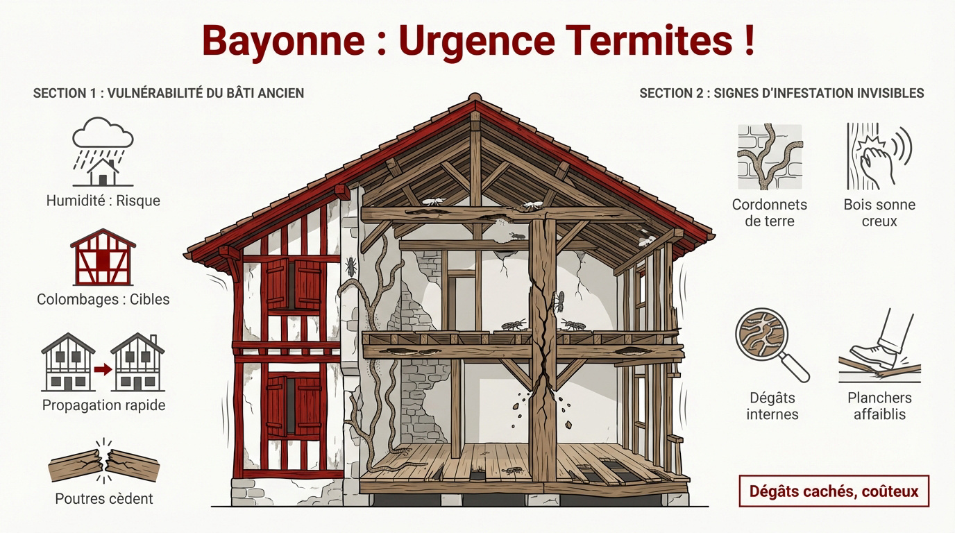 Infestation de termites dans une charpente ancienne à Bayonne