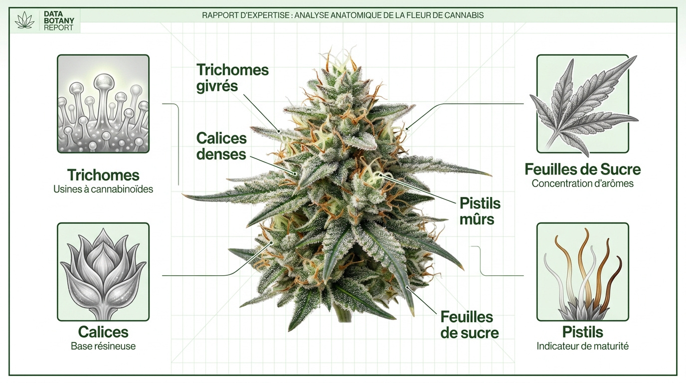 Anatomie détaillée d'une tête de cannabis montrant les calices, pistils et trichomes