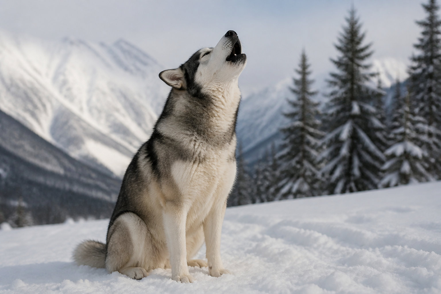 Alaskan Malamute hurlant dans la neige, expression du woo-woo emblématique