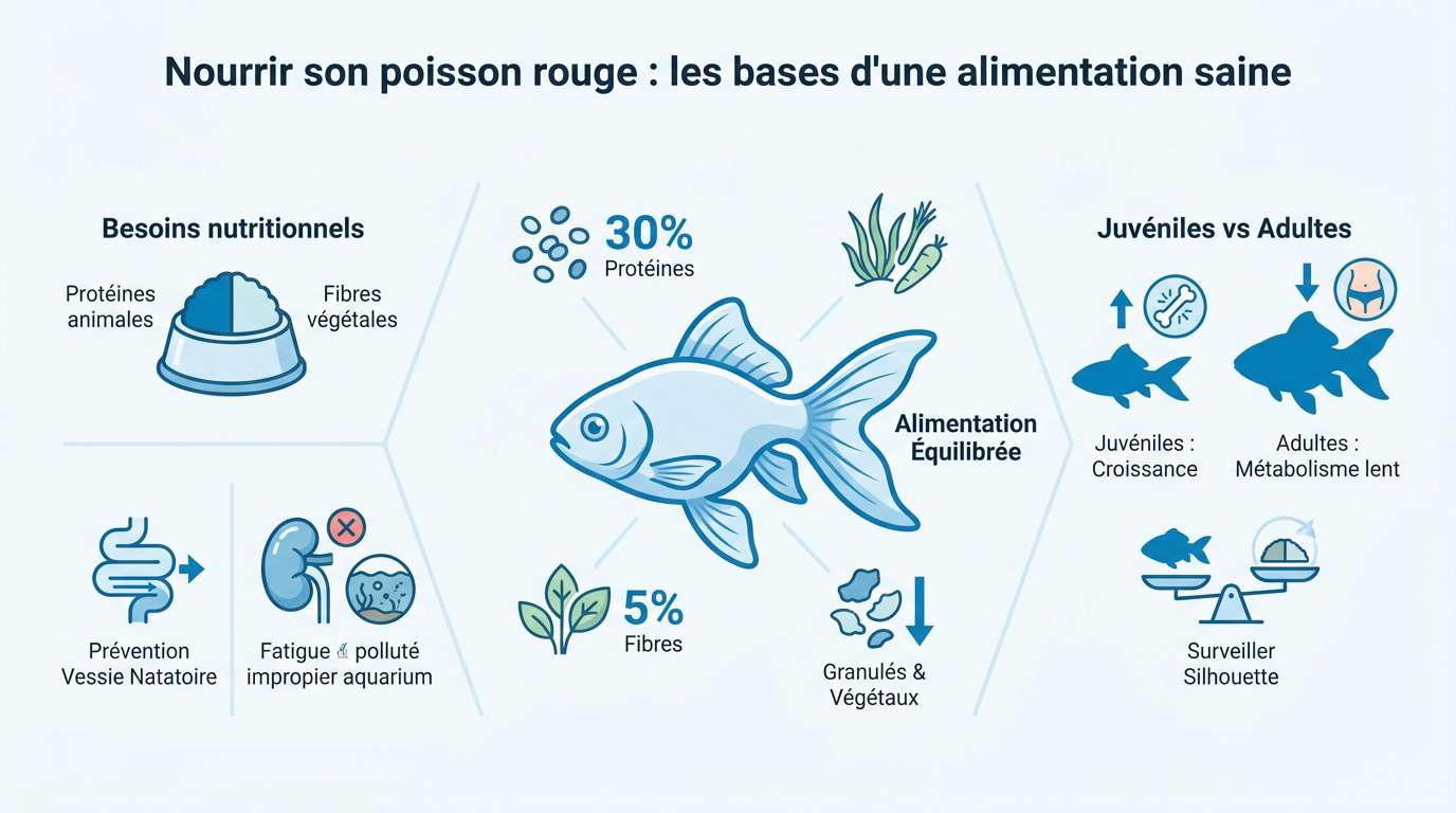 Poisson rouge mangeant des granulés dans un aquarium