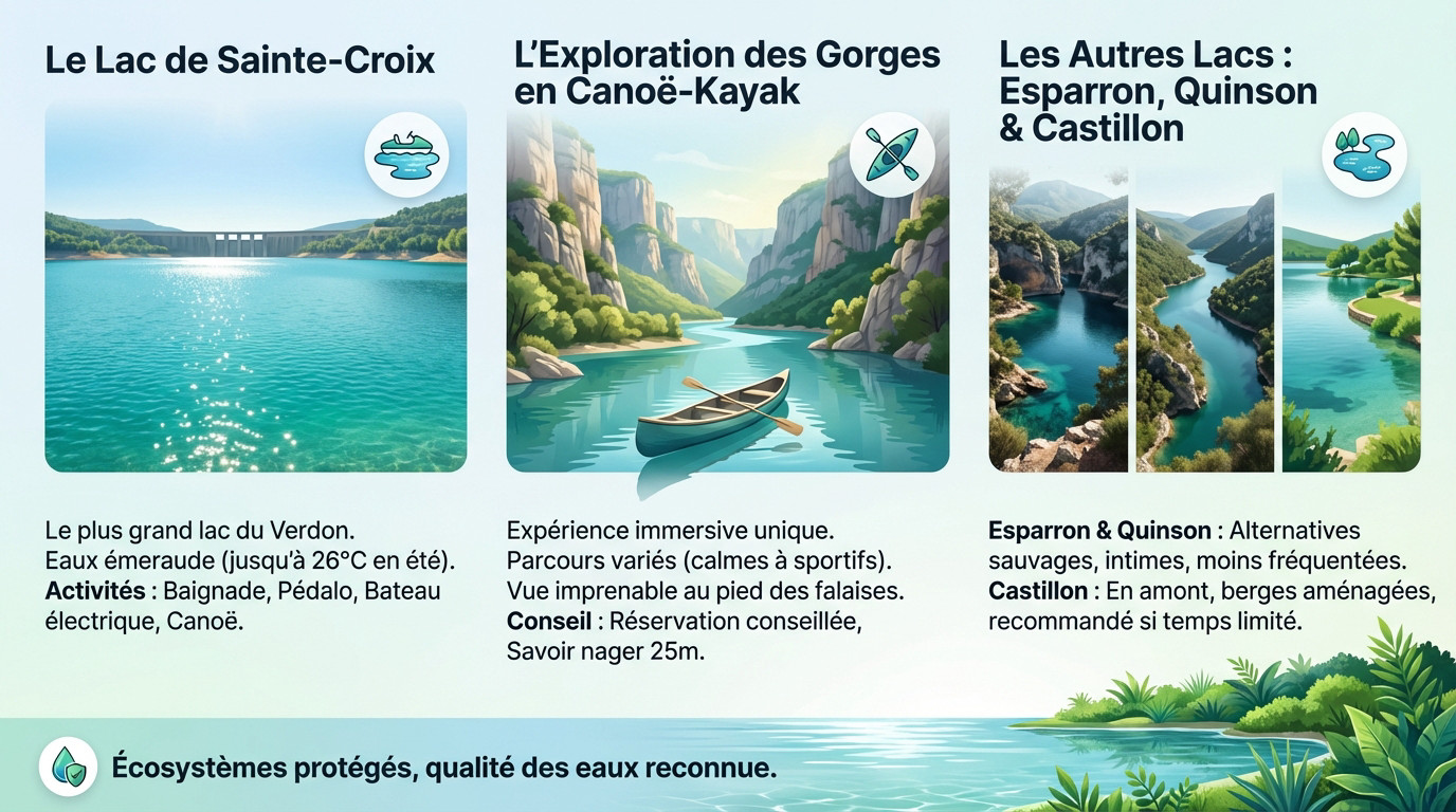 Vue panoramique sur les eaux turquoise du lac de Sainte-Croix et l'entrée des Gorges du Verdon