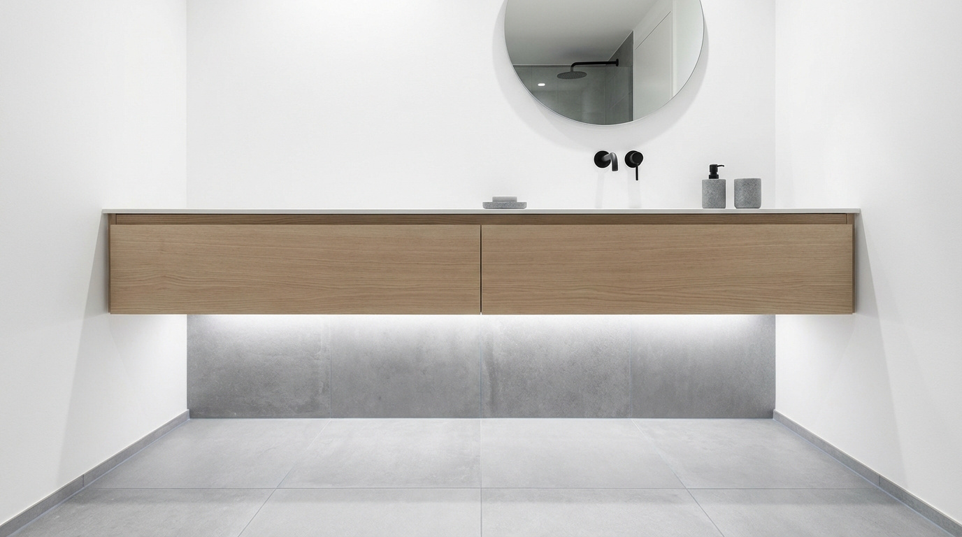 Aménagement d'une salle de bain moderne avec meuble vasque suspendu et miroir