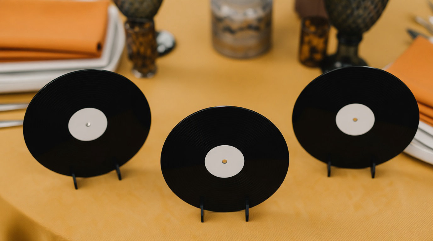 Disque vinyle utilisé comme centre de table sur une nappe de couleur chaude