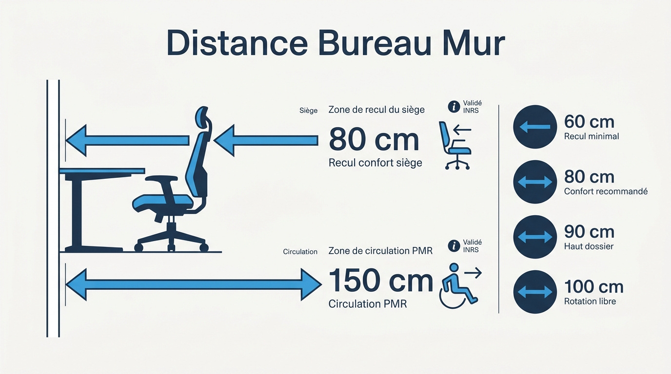 Schéma des distances ergonomiques entre le bureau et le mur pour la circulation