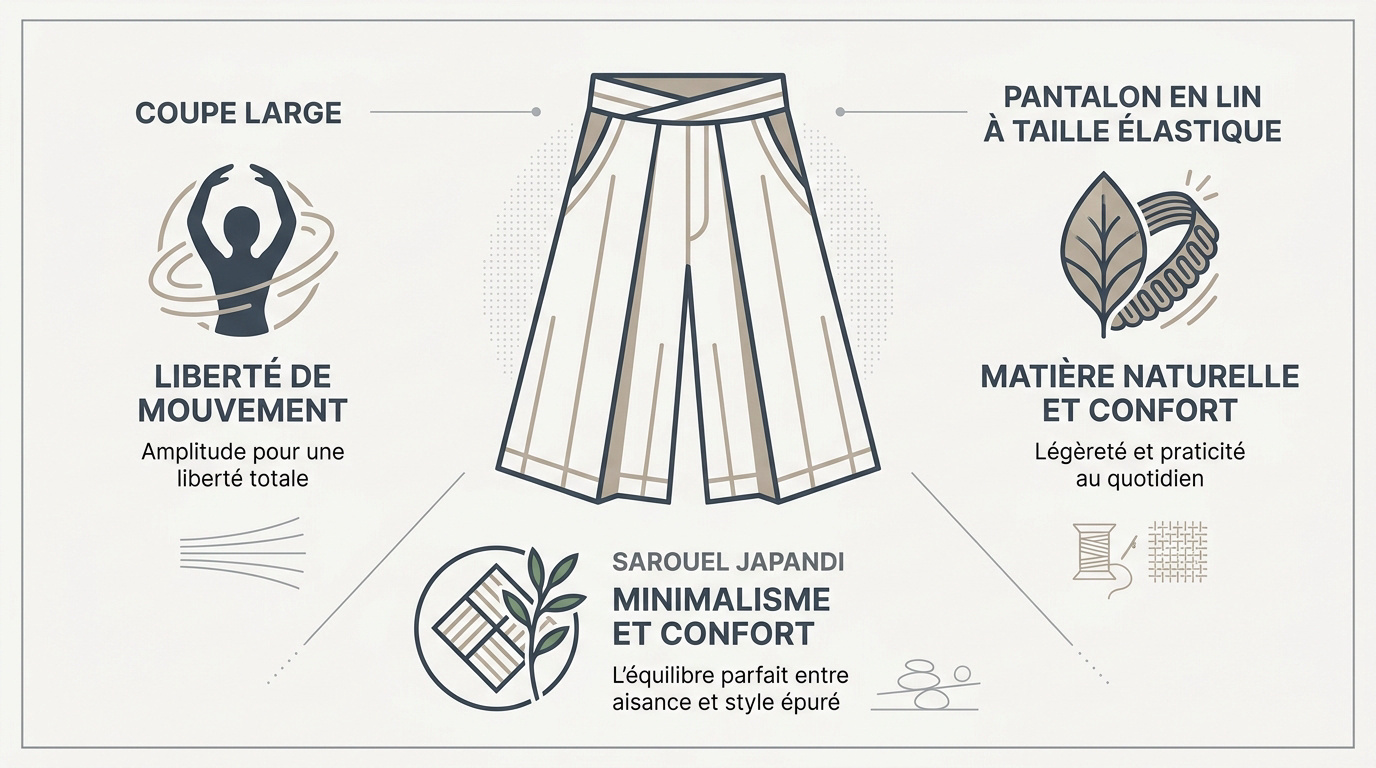 Pantalon japonais moderne à coupe large et style minimaliste