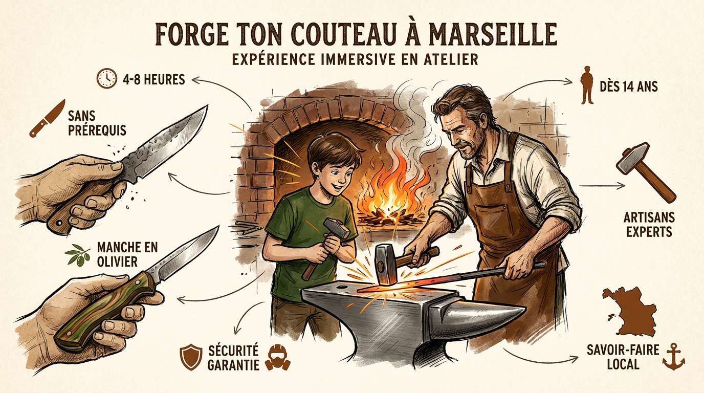 Artisan forgeron travaillant le métal incandescent dans un atelier de coutellerie à Marseille