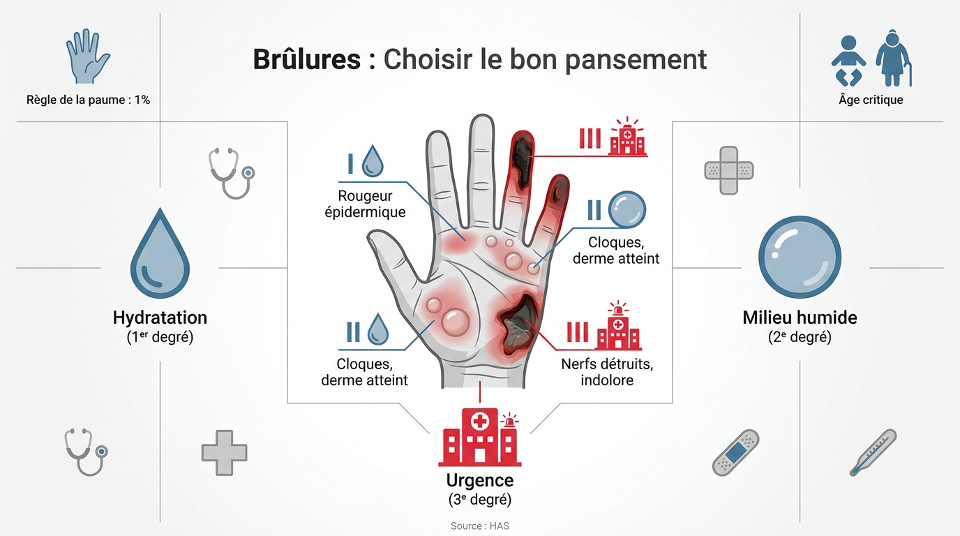 Illustration des différents degrés de brûlures cutanées pour choisir le bon pansement