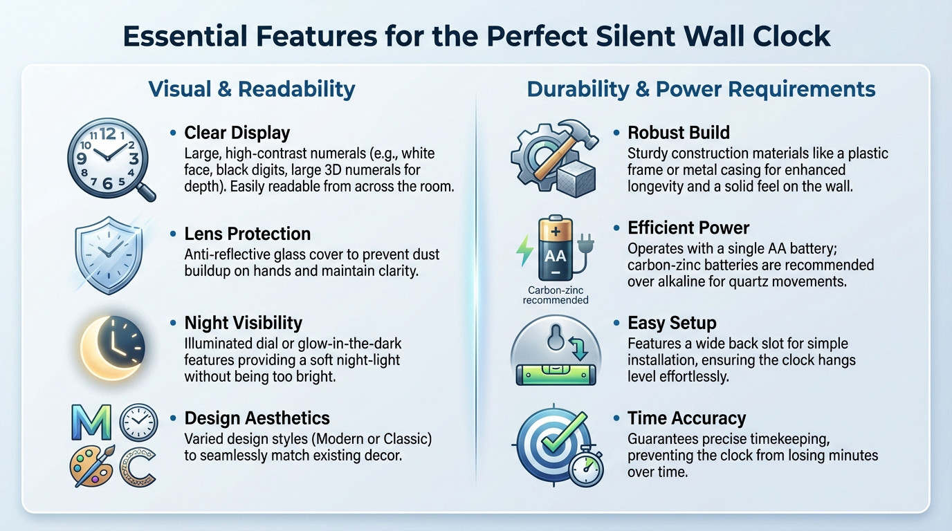 Essential features of a silent wall clock including large numerals and sturdy frame