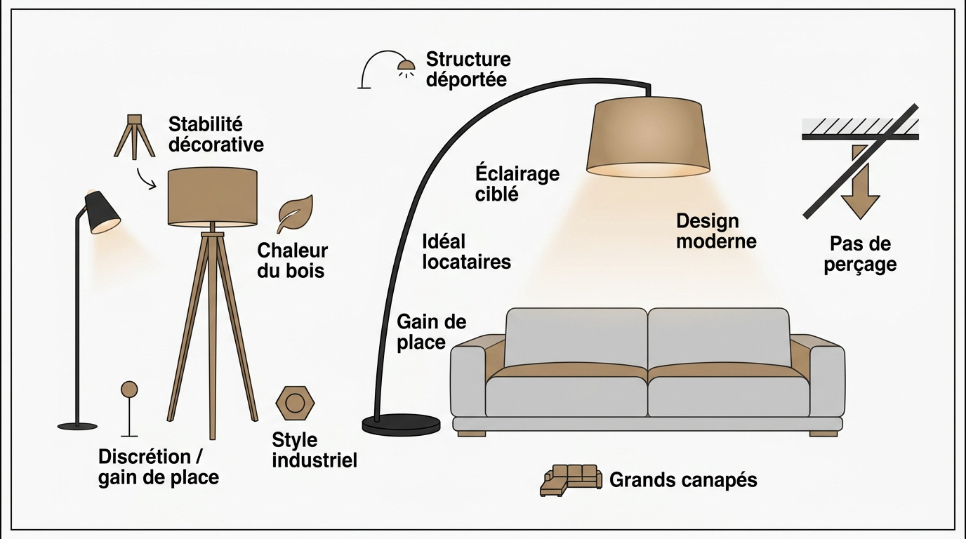 Infographie présentant les différents styles de lampadaires pour le salon