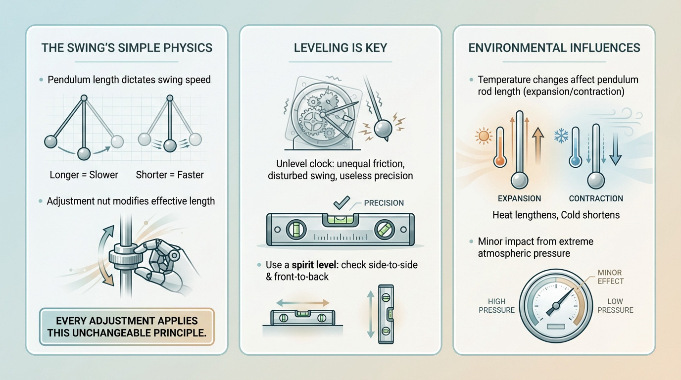 Illustration of pendulum clock mechanism physics and adjustment nut