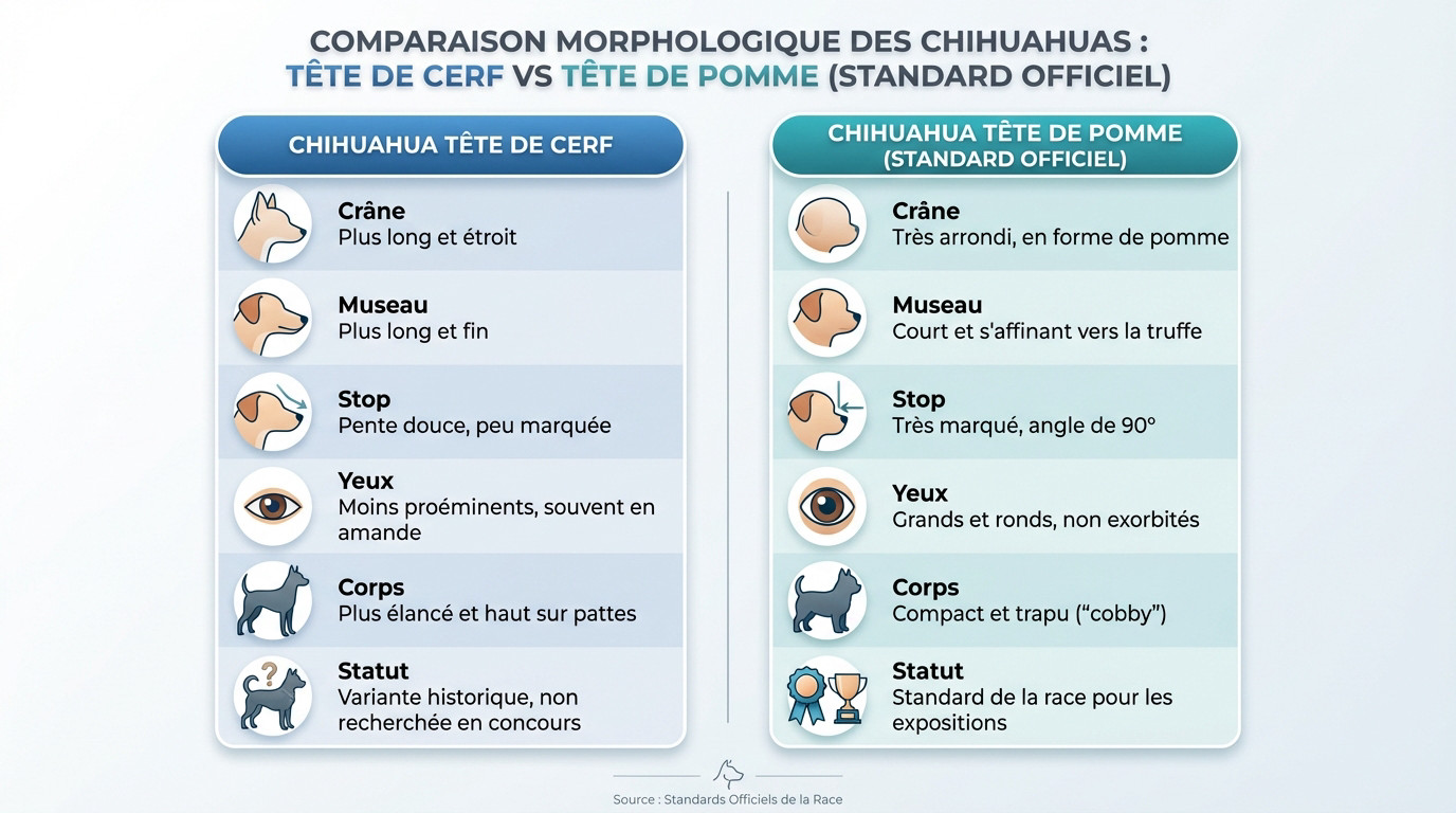 Comparaison visuelle entre un chihuahua tête de cerf au museau long et un tête de pomme au crâne rond