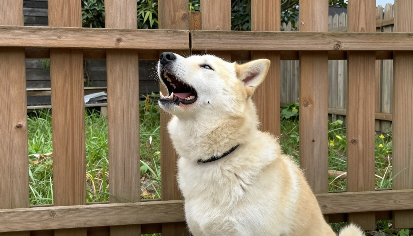 Chien beige aboyant derrière une clôture en bois, comportement territorial à gérer avec calme