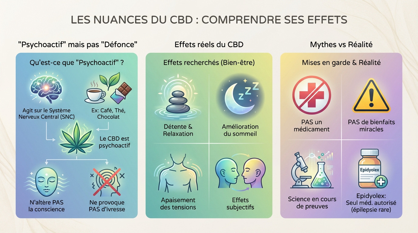 Schéma expliquant pourquoi le CBD n'est pas une drogue psychoactive comme le THC