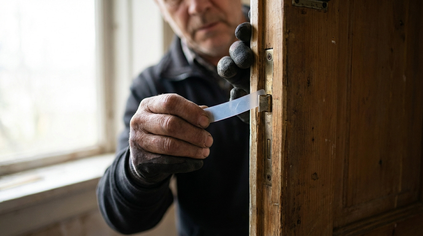 Serrurier utilisant une technique douce pour ouvrir une porte claquée sans l'abîmer