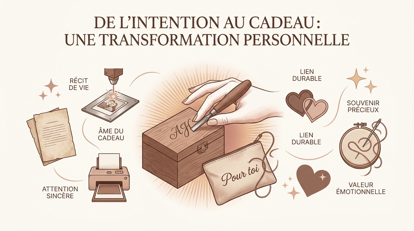 Atelier de personnalisation montrant la gravure précise d'un objet en bois