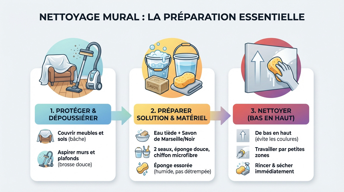 Pr&eacute;paration de la pi&egrave;ce avec b&acirc;che de protection avant le lessivage des murs