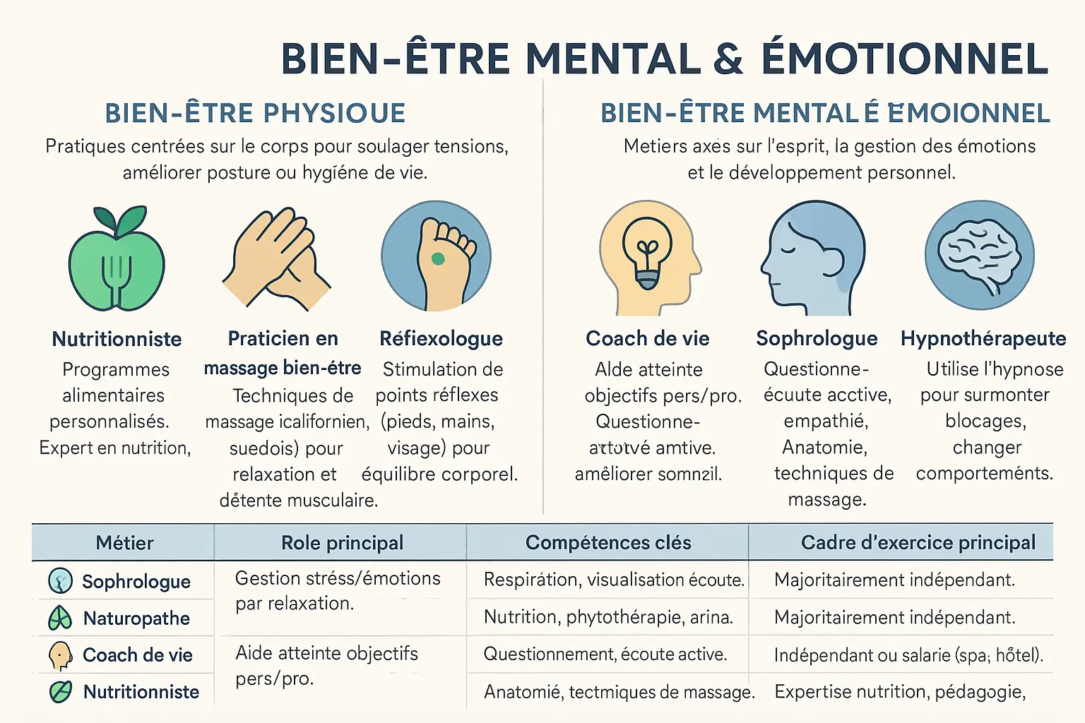 Infographie illustrant les métiers du bien-être physique et mental