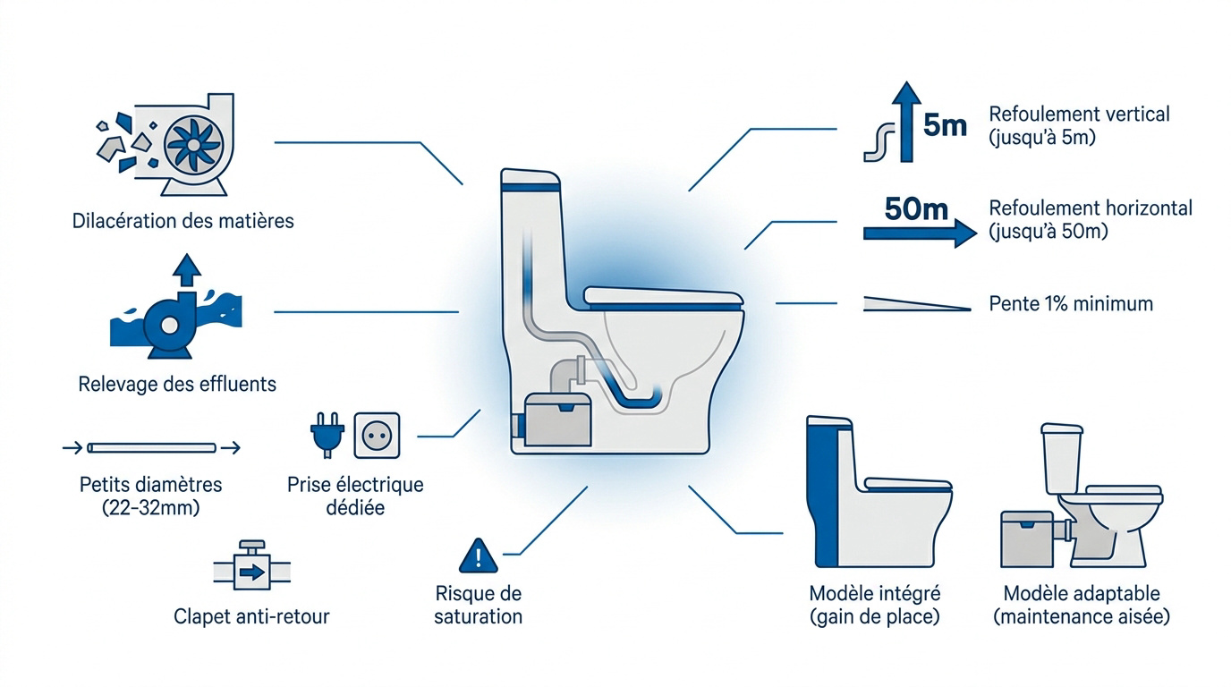 Schéma technique du fonctionnement d'un WC broyeur avec pompe de dilacération