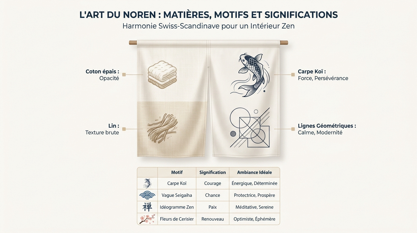 Noren japonais traditionnel en lin avec motifs de carpe koï et vagues seigaiha