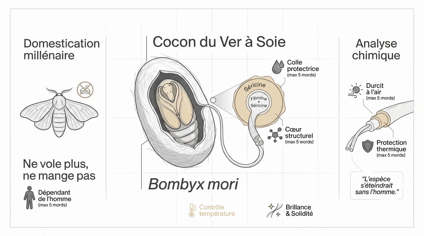 Infographie détaillant la structure biologique et la composition chimique du cocon de Bombyx mori