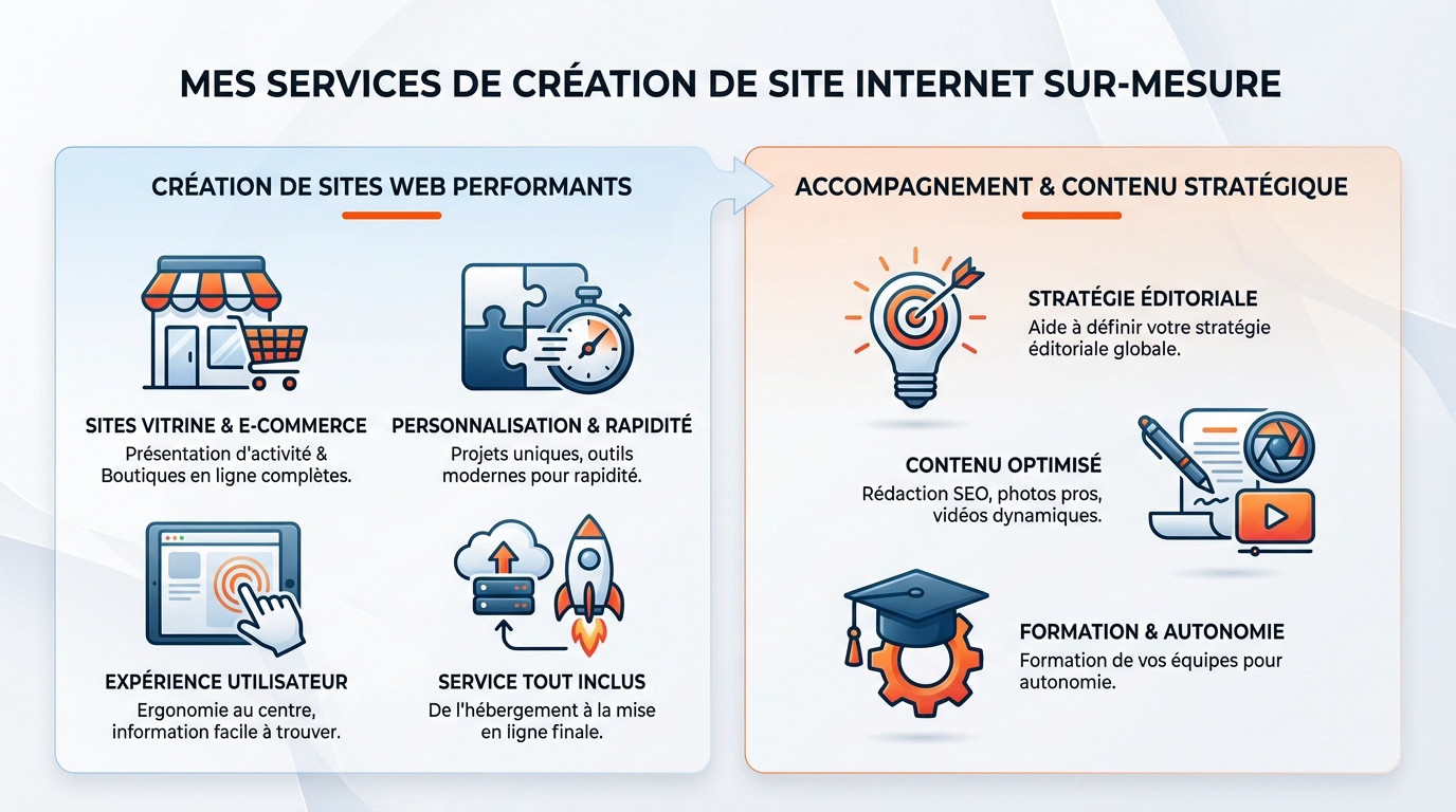 Infographie détaillant les services de création web sur-mesure et la stratégie digitale
