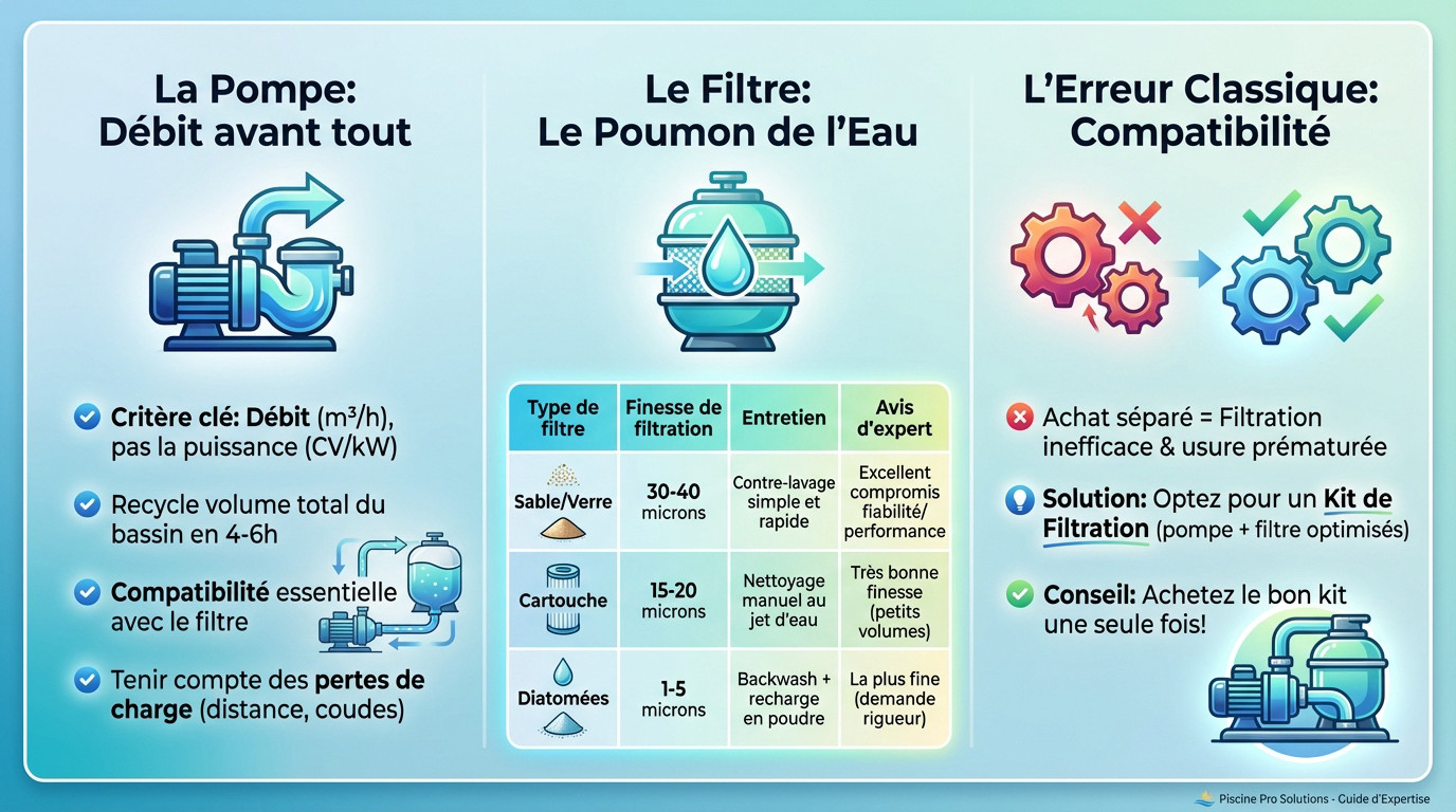 Schéma explicatif du circuit hydraulique d'une piscine avec pompe et filtre