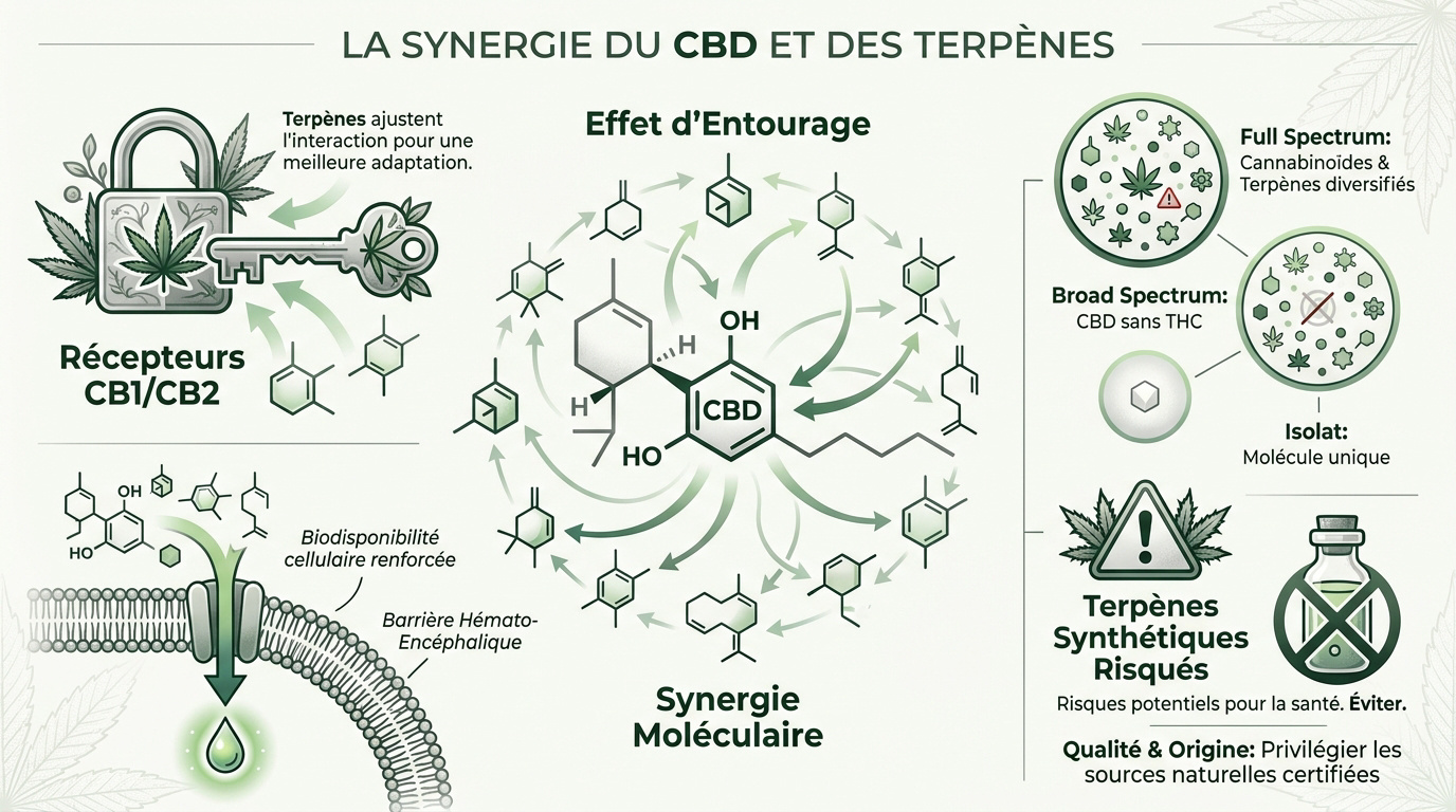 Schéma de la synergie moléculaire entre le CBD et les terpènes pour l'effet d'entourage