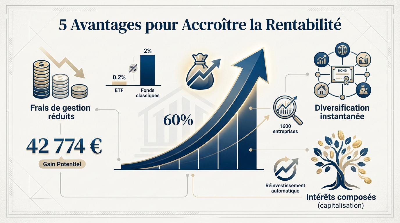 Graphique illustrant la croissance du patrimoine financier via les ETF et l'optimisation des frais de gestion