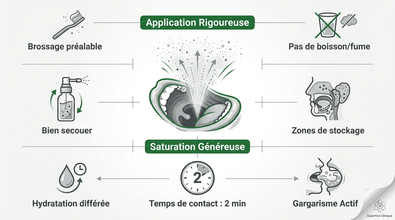 Guide d'application précise d'un spray buccal nettoyant pour la bouche