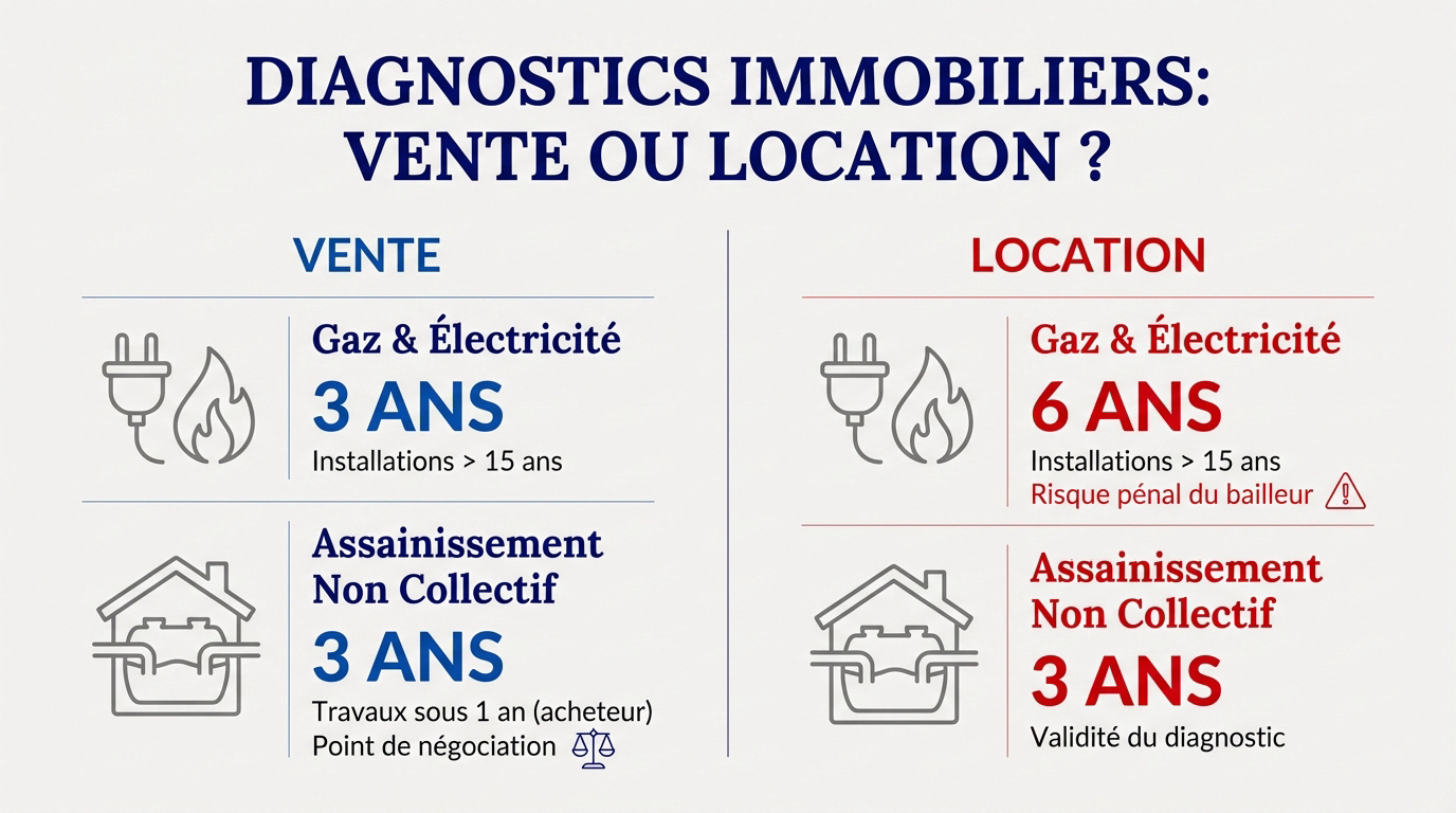 Tableau comparatif des durées de validité des diagnostics immobiliers pour la vente et la location