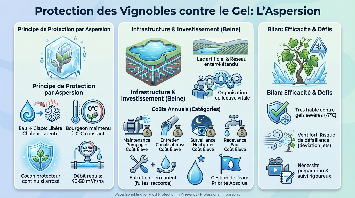 Vignes protégées par un système d'aspersion d'eau formant une coque de glace isolante