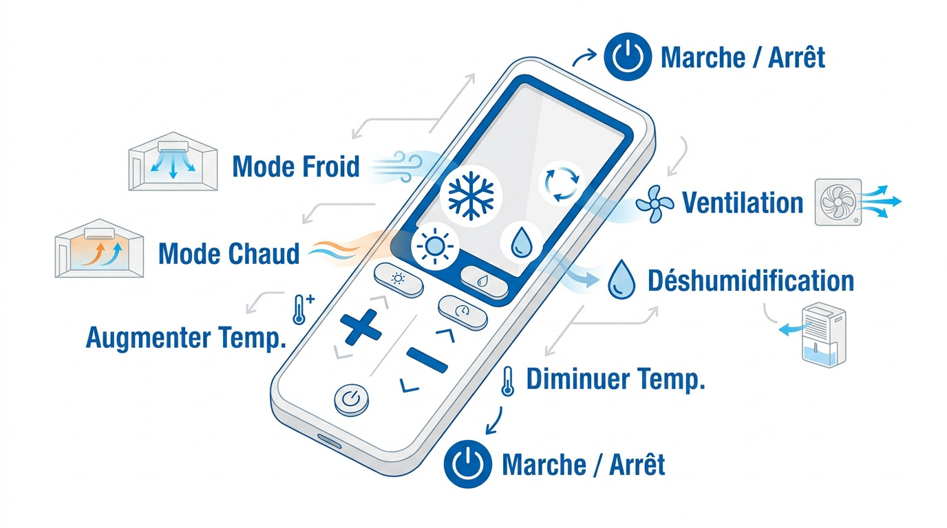Guide visuel des symboles et pictogrammes courants sur une télécommande de climatisation