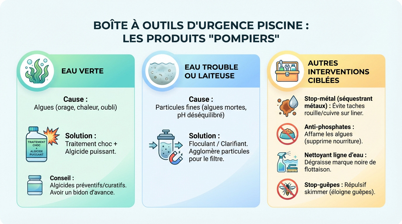 Boîte à outils d'urgence contenant des produits correctifs pour l'entretien de la piscine
