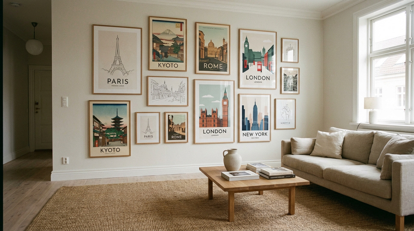 Salon moderne décoré avec un mur de cadres présentant des affiches de villes internationales
