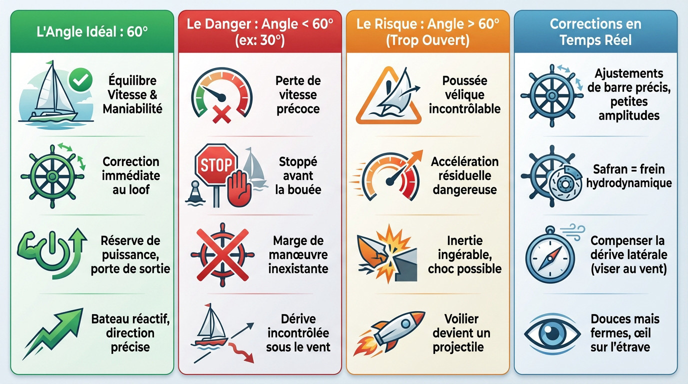 Schéma tactique montrant l'angle d'approche idéal de 60 degrés pour un voilier vers une bouée
