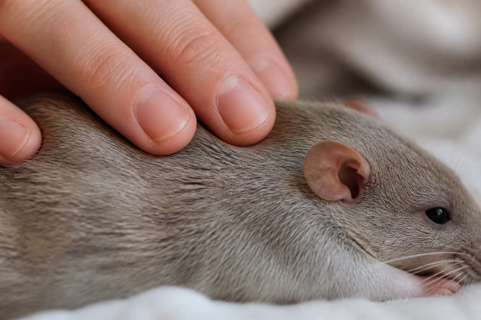 Gros plan d'une main caressant le pelage d'un rat senior