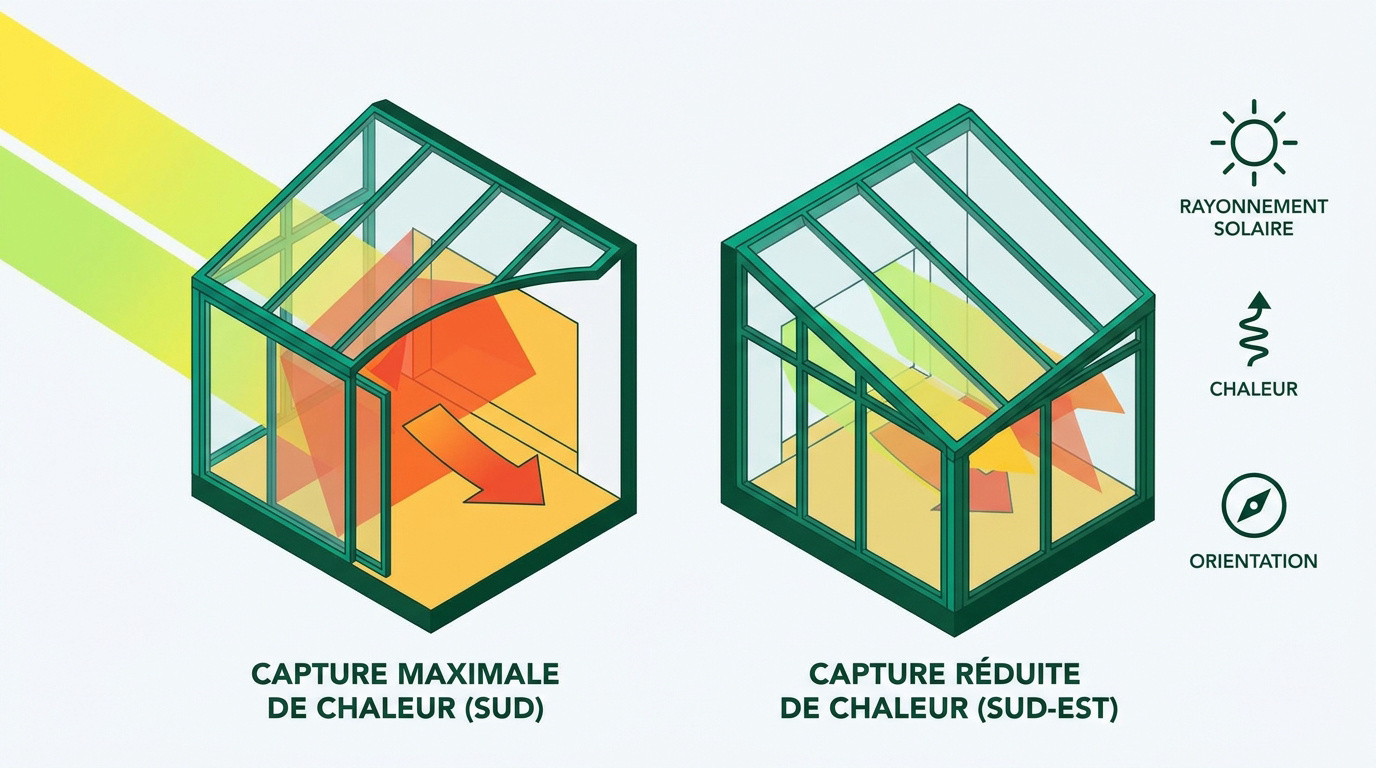 Schéma de l'impact de l'orientation solaire sur la chaleur d'une véranda