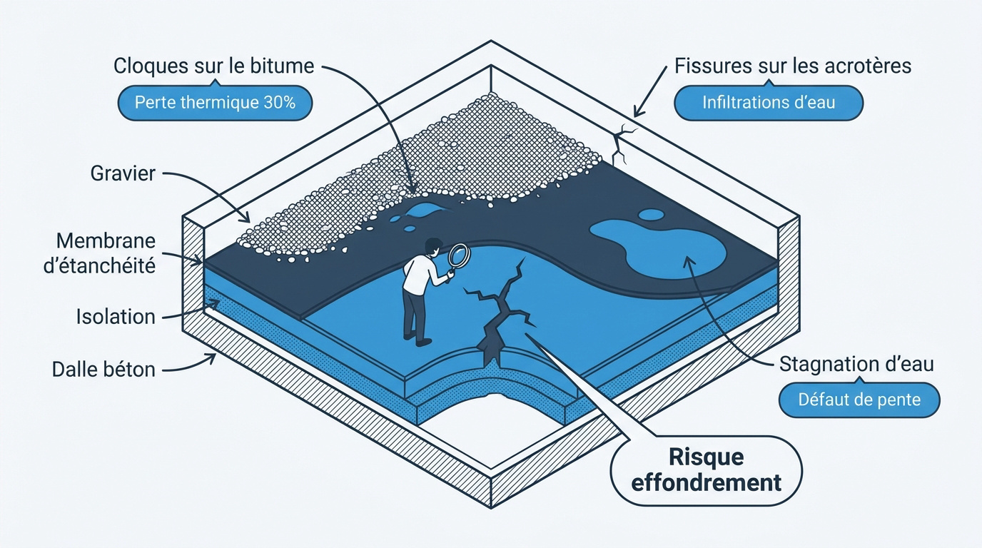 Dégradation d'une toiture terrasse avec cloques et stagnation d'eau