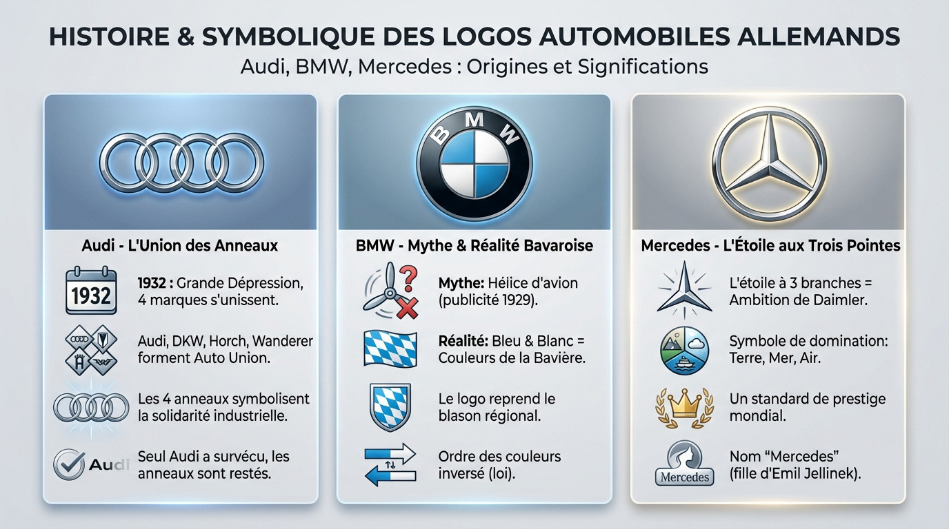 Origine des logos des constructeurs automobiles allemands Audi BMW et Mercedes