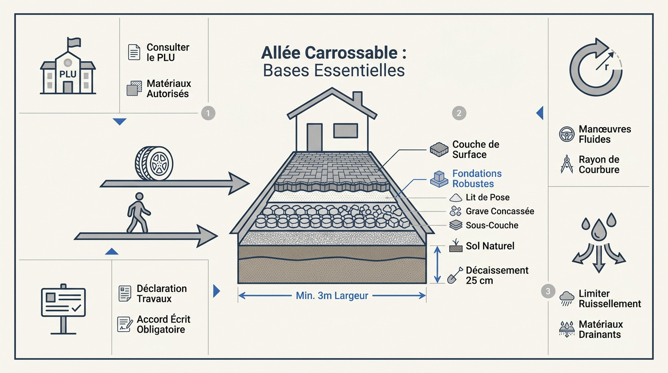 Schéma technique de la structure d'une allée carrossable avec fondations et revêtement