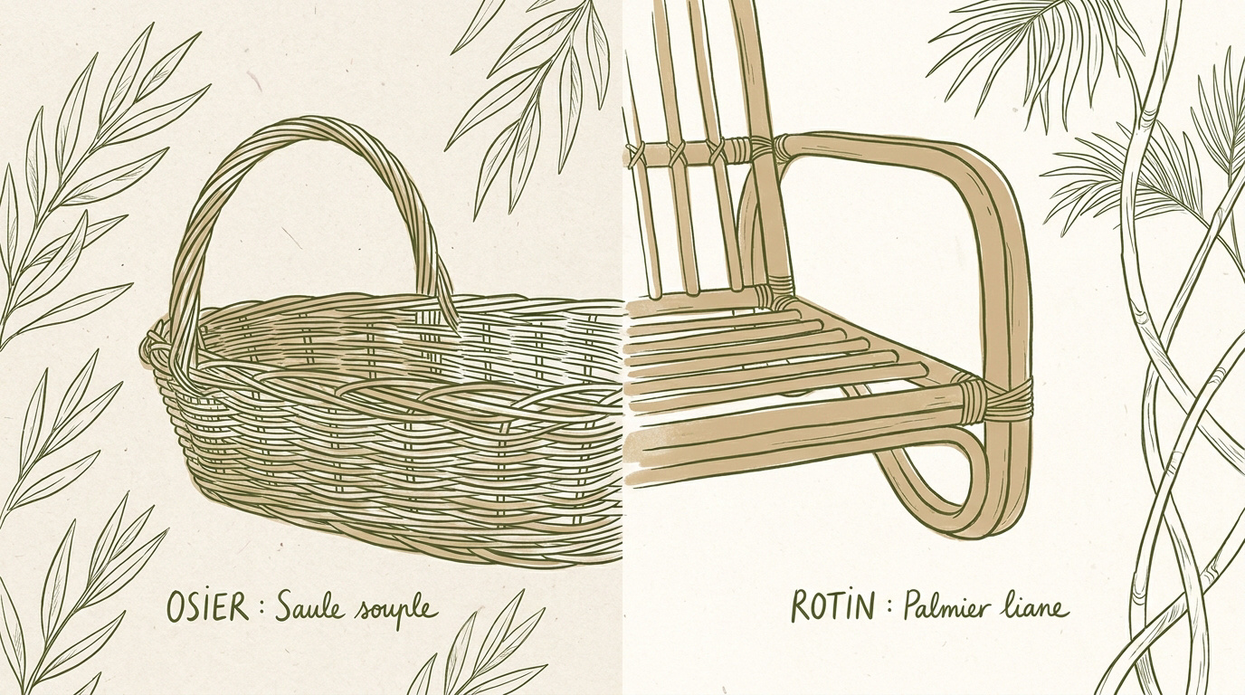 Comparaison visuelle entre les fibres de rotin et les brins d'osier
